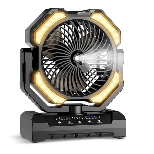 Ateroll Ventilador de Campaña Portátil con Humidificador de Spray y Control Remoto, 20000mAh Batería Recargable, 4 Velocidades, 3 Modos LED, Temporizador y Oscilación, Ideal para Interior y Exterior