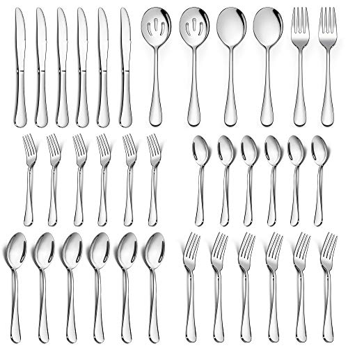 LIANYU 36-Piece Silverware Set with Serving Utensils Stainless Steel Silverware Flatware Set for 6 Elegant Cutlery Tableware Includes Fork Spoon Knife Mirror Polished Dishwasher Safe