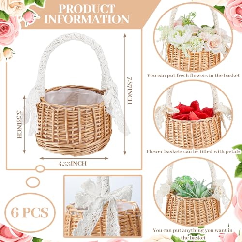 Ziliny 6 Pcs Wedding Flower Girl Basket Woven Storage Basket with Handle and Ribbon Wicker Rattan Flower Basket for Wedding Birthday Party Supplies Home Garden Decor