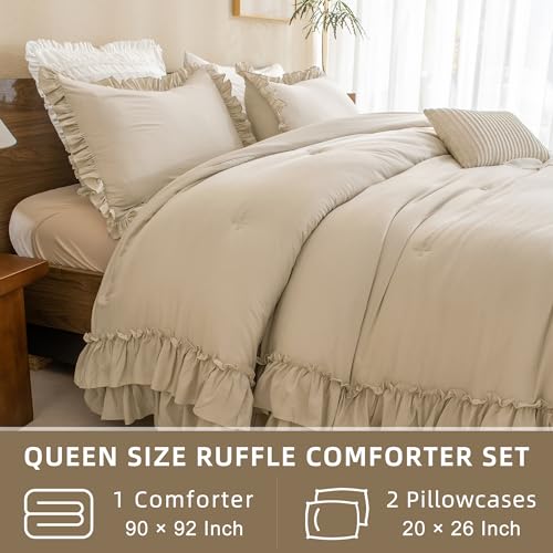 Image of QSH Shabby Ruffled Comforter Queen Size, Farmhouse Wheat Bedding Comforter Set, 3 Pieces Lightweight Vintage Rustic Soft Comforter Queen for Bed, All Season Microfiber Fully Bedding Sets