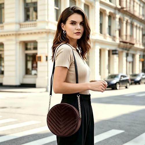 Image of Round Crossbody Bag for Women,PU Leather Shoulder Bag with Metal Chain Strap, Cellphone Purses with Zipper