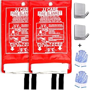 JJ CARE Fire Blanket for Home 40″x40″ (Pack of 2) + 2 Hooks & 2 Pairs of Gloves, Fire Suppression Blanket, Emergency Fire Blanket for People, Fire Blanket Kitchen, Emergency Use – White
