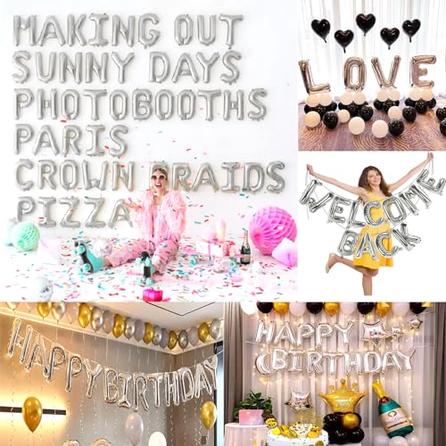 Image of Happy Birthday Balloon Banner Custom Phrase Balloons letter 16 inch Personalized Alphabet Letters Foil Mylar Balloons (Silver)