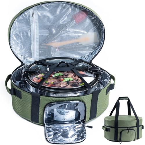 Image of Insulated Slow Cooker Carrying Bag for 6-8 Quart CrockPot and Hamilton Beach Slow Cooker with See-thought Window, Portable Carrier Case with Adjustable Band and Accessory Pocket