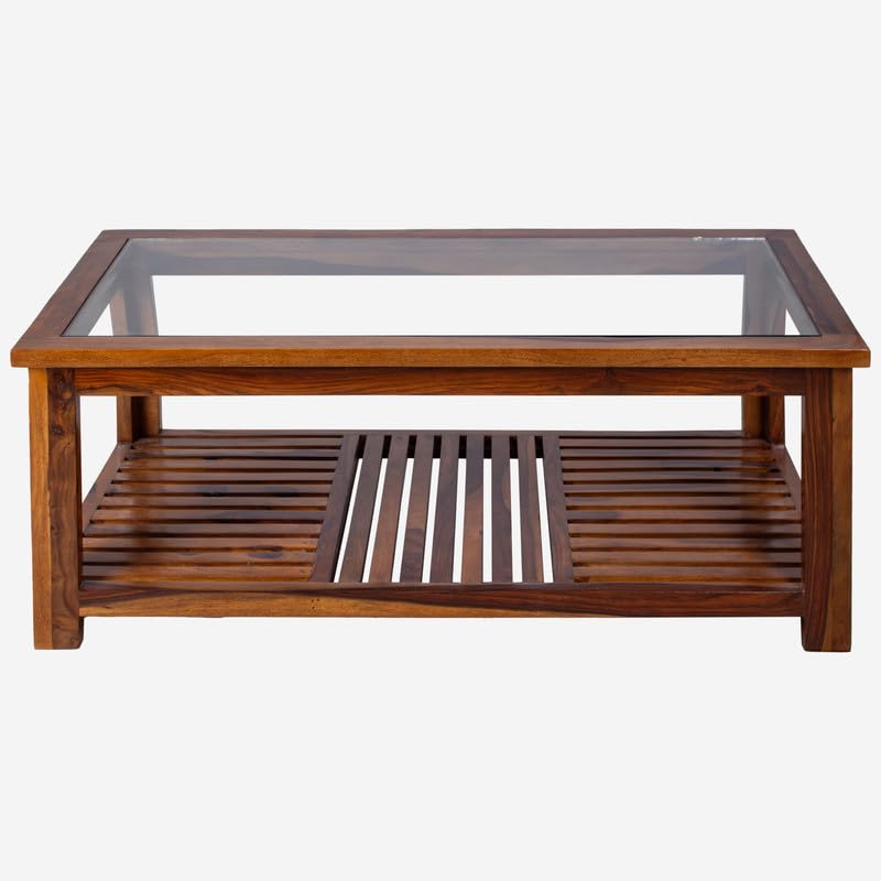 Image of Sheesham Wood Coffee Table with Storage Wooden Tea Table with Glass Top for Living Room Home Office Furniture Solid Wood Teapoy (Honey Finish) Size- 58D*114W*46H CM