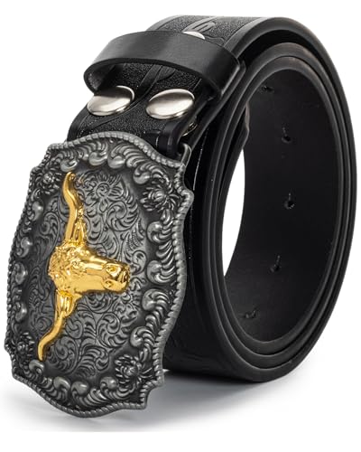 Western Cowboy-Belts for Men Big-Buckle Longhorn-Bull PU-Leather Rodeo Cowgirl-Belt Engraved Floral - Waist 25-38