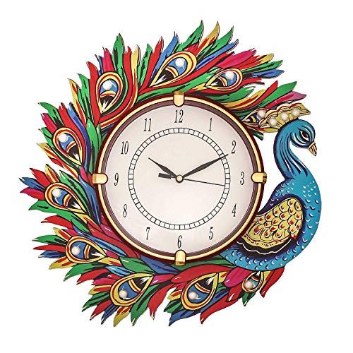 Image of Wooden Peacock Design Wall Clock Round Quartz Analog Decorative Antique Wall Clock for Home Decoration