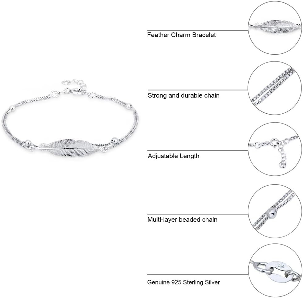 Vanbelle Sterling Silver Jewelry - Rhodium Plated with 925 Stamp - Double Layered Feather Charm Bracelet - Elegant handcrafted for Women - 6.5" long + 1" extender