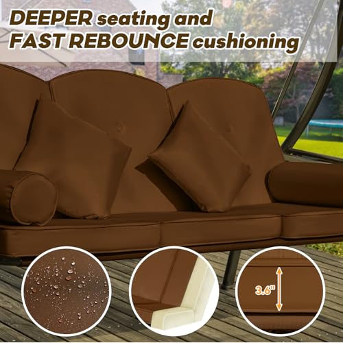 Image of 3 in 1 Outdoor Porch Swing with Adjustable Canopy, 3 Seat Outdoor Swing for Adults, Patio Swing Chair with Thickened Cushions,Pillows & Cup Holders for Backyard, Porch, Garden (Brown)