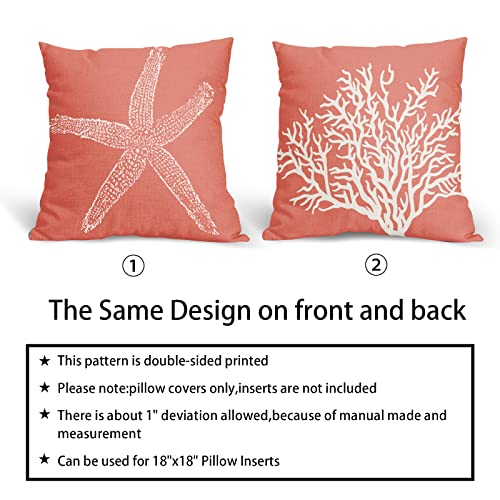 Coastal Coral Throw Pillow Covers 18x18 Inch Set of 2 Starfish Beach Nautical Pillow Covers Summer Farmhouse Pillowscase Linen Square Cushion Covers for Sofa Couch Bedroom Living Room Home Decoration - Image 6