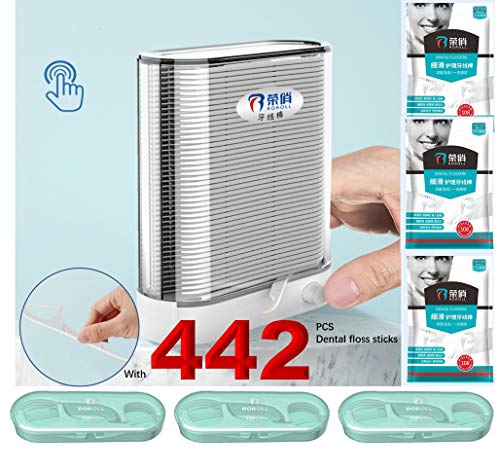 Dental Floss Picks, Flossers Picks for Adult Teeth, Packed in Refillable Auto-Ejection-Case and Portable Cases, Hygienic Convenient Eco-Friendly, Food-Grade-Material, Pack of 7, White, 442pcs (White)