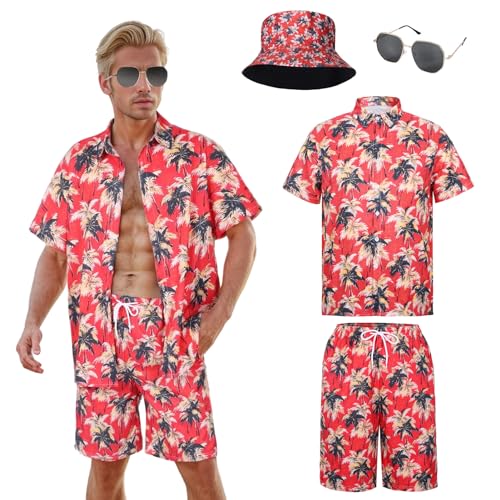 Marypaty Camisa Hawaiana Hombre Camisa de Playa Camisas Causal de Verano para Hombre Pantalones Cortos Conjunto Sombrero Gafas de para El Sol