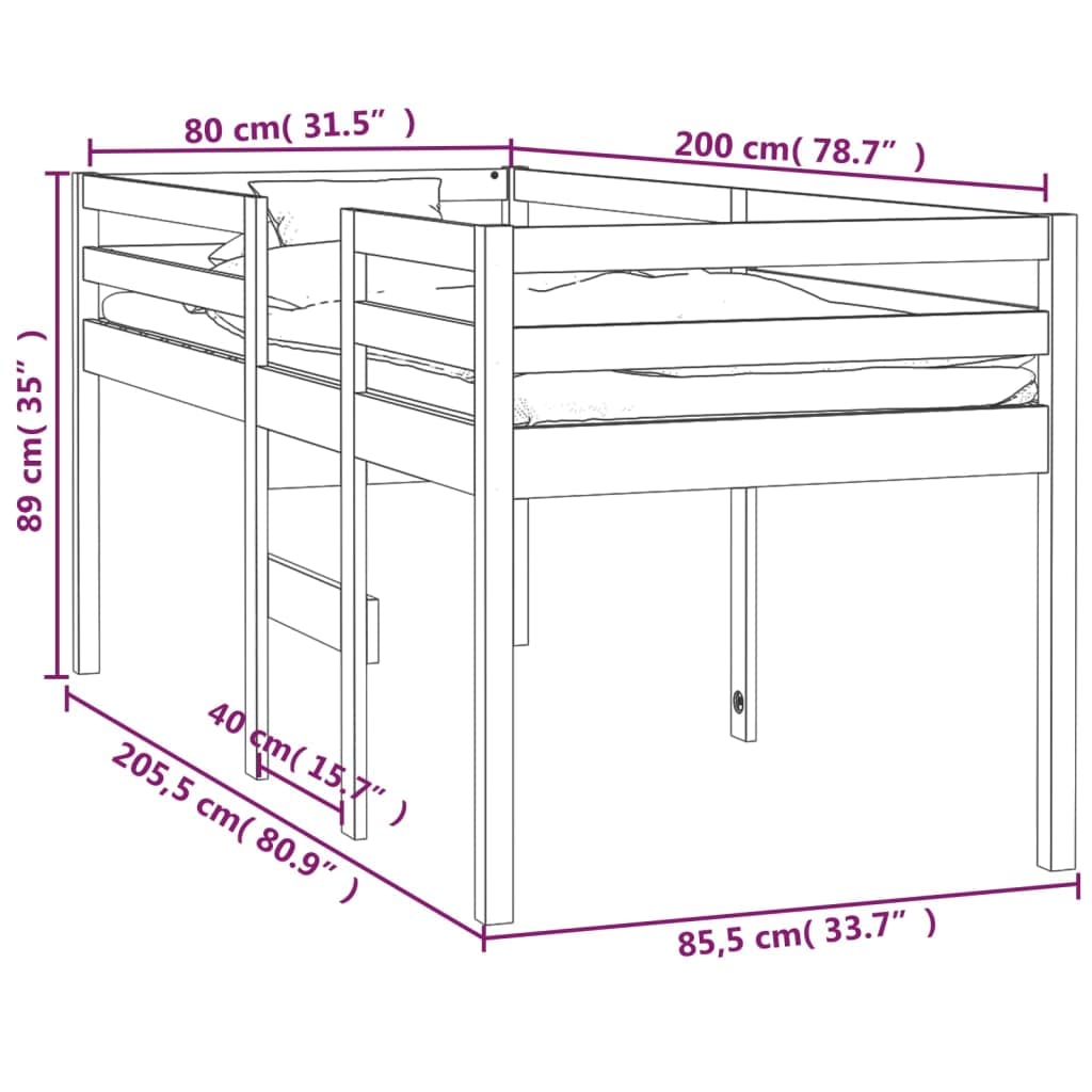 Cama alta blanca de 80 x 200 cm de madera de pino maciza, estructura de cama robusta para niños y jóvenes, mueble de dormitorio que ahorra espacio, diseño seguro con escalera y barandilla