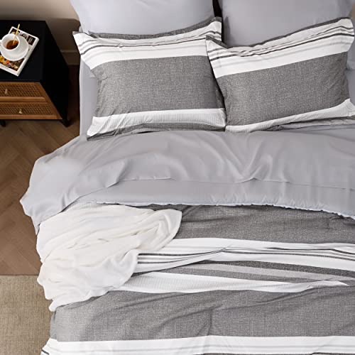 Image of Bedsure King Comforter Set 7 Pieces, Frost Grey Striped Bedding Set for All Seasons, Reversible, Cationic Dyeing Bed in a Bag with Comforter, Sheets, Pillowcases & Shams