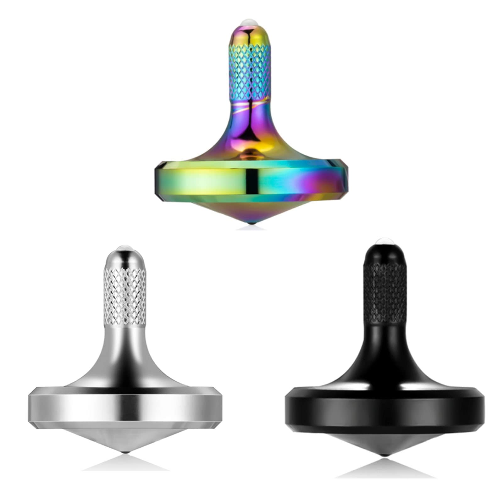 Metal Stainless Steel Spinning Top, Well Made EDC Decompression Toy, Perfectly Balanced, Spin Smooth, Long Rotation Time, Helps Relieve Stress and Anxiety (3PCS Black+Silver+Iridescent/M)