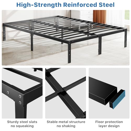 Image of OLIXIS Metal Queen Bed Frame - 14in High with Storage Space, No Box Spring Needed with Sturdy Steel Slat Support, 2200LBS Heavy Duty for Easy Assembly, Black for Bedroom