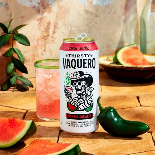 Image of Thirsty Vaquero, Watermelon Jalapeno Flavored soda (Sandia Salvaje), Mexican-inspired soda, Real Fruit Juice & Savory Spices, Made with Organic Agave, Low Calorie, Natural Juice, 16 oz Cans, 12-Pack
