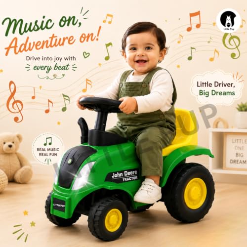 Image of Little Pup Kids Ride On Tractor Toy with Music & Horn, Steering Wheel, Comfortable Backrest, Wide Footrest & Sturdy Wheels for Boys & Girls (Green)