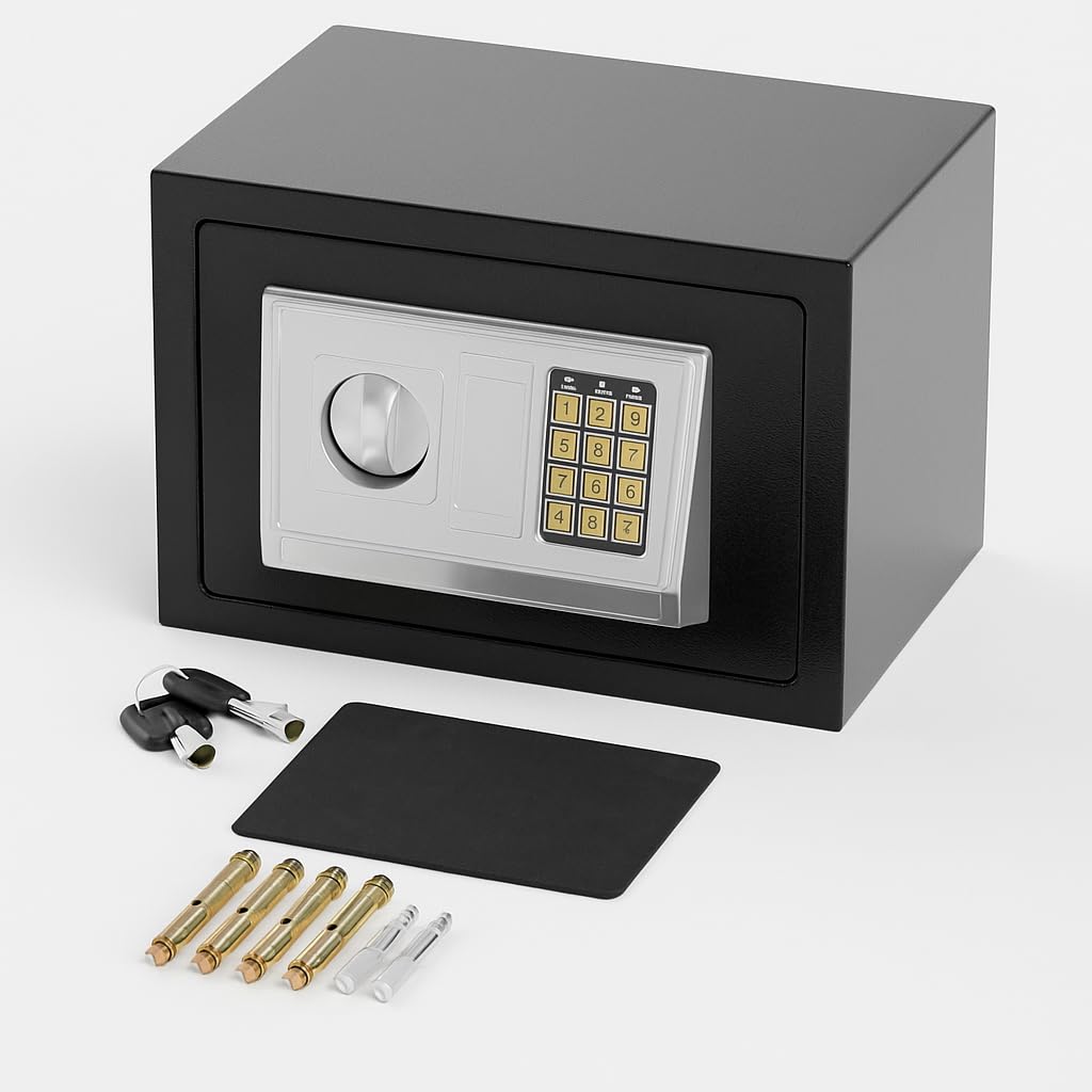 Utilia Security Cassaforte Elettronica con Combinatore Digitale, 2 Catenacci, Codice 4 Cifre + Chiave, Fissaggio a Muro/Armadio, Acciaio Verniciato (2 misure) (310x200x200h)