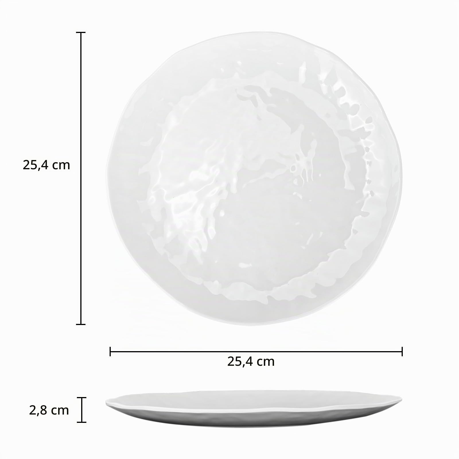 Lot de 6 assiettes rondes en mélamine 100 % mélamine, 25,4 cm, assiettes à salade et pique-nique pour fête à la maison, résistantes aux chocs et légères, finition martelée, sans BPA