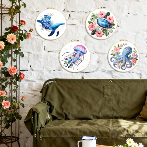 Image of BEUNITONE 4 Pack Beginner Embroidery Kit for Adults, Marine Animals Flowers Pre-Stamped Pattern Needlepoint Kits with Hoops & Instruction, Handmade Embroidery Kits for Fabric and Home Decor 7.9x7.9