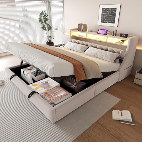 Zravenna Cama doble tapizada de 180 x 200 cm con cajón, cabecero de almacenamiento plegable con varios estantes, cama funcional con patas ampliadas, tela de terciopelo (A beige)