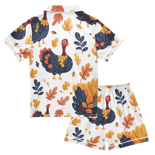 Satin Pajama Sets Short Sleeve Turkey Leaves Autumn Pattern Button Down Silky Nightwear 2 Piece PJS 5-14Y2