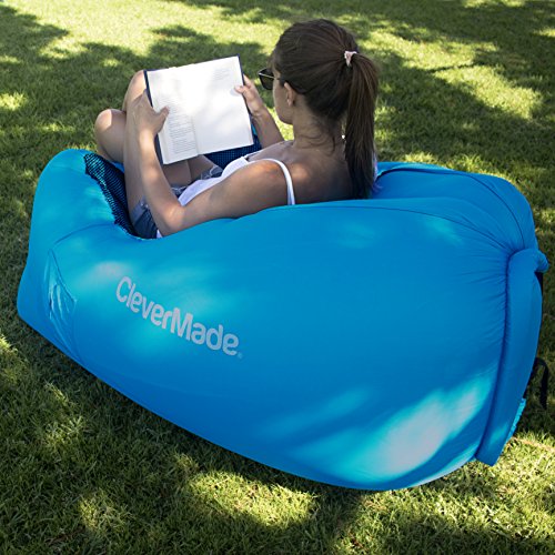 Clevermade Inflatable Lounger: Lightweight Recliner Style, Portable Outdoor Beach Chair With Carry Bag, Ground Stakes, And Storage Pockets, Blue #TOP5