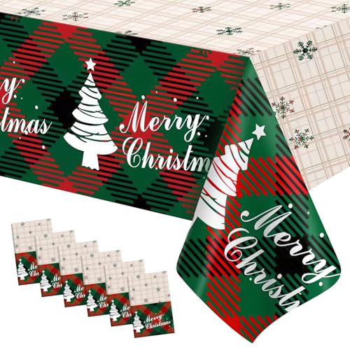 Image of Christmas Tablecloth, 6 PCS Christmas Tablecloth Disposable for Rectangle Table, 54 inch x 108 inch Plastic Snowflake Xmas Tree Decorative Table Cloth Tables Cover for Xmas Holiday Party Decorations Supplies