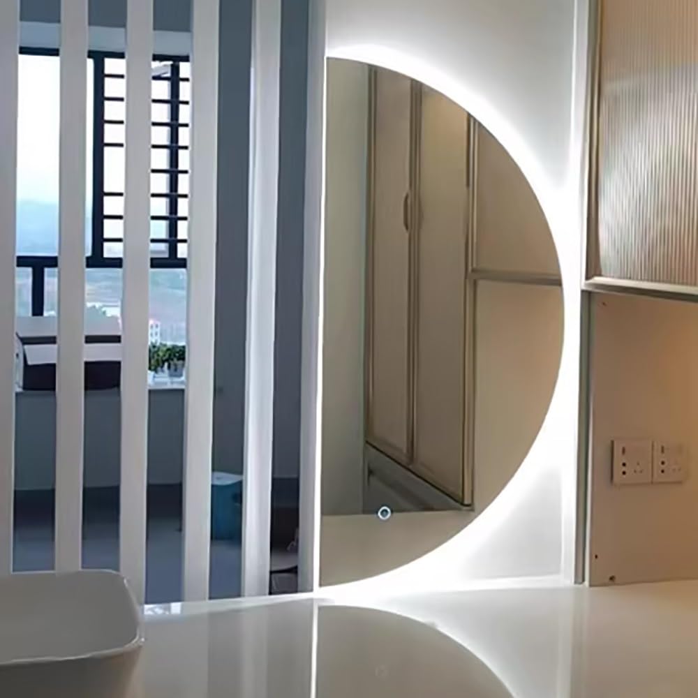 WQZzjm LED Backlit Bathroom Mirror, AntiFog HalfCircle Makeup Mirror, 3 Color Options, 50x100CM/40x20IN, Perfect for Modern Bathrooms and Glamorous Makeup Sessions (Left Cut 50L x 50l cm)