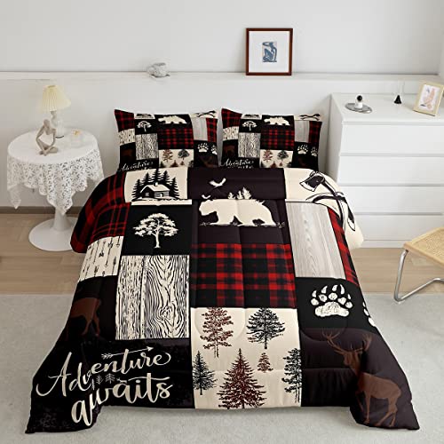 Retro Farmhouse Comforter Set King For Teens, Checkered Plaid Patchwork Bedding Set Woodland Wildlife Deer Bear Trees Duvet Insert, Country Cabin Moose Quilt For Kids Boys Adult Bedroom, Red Black #TOP15