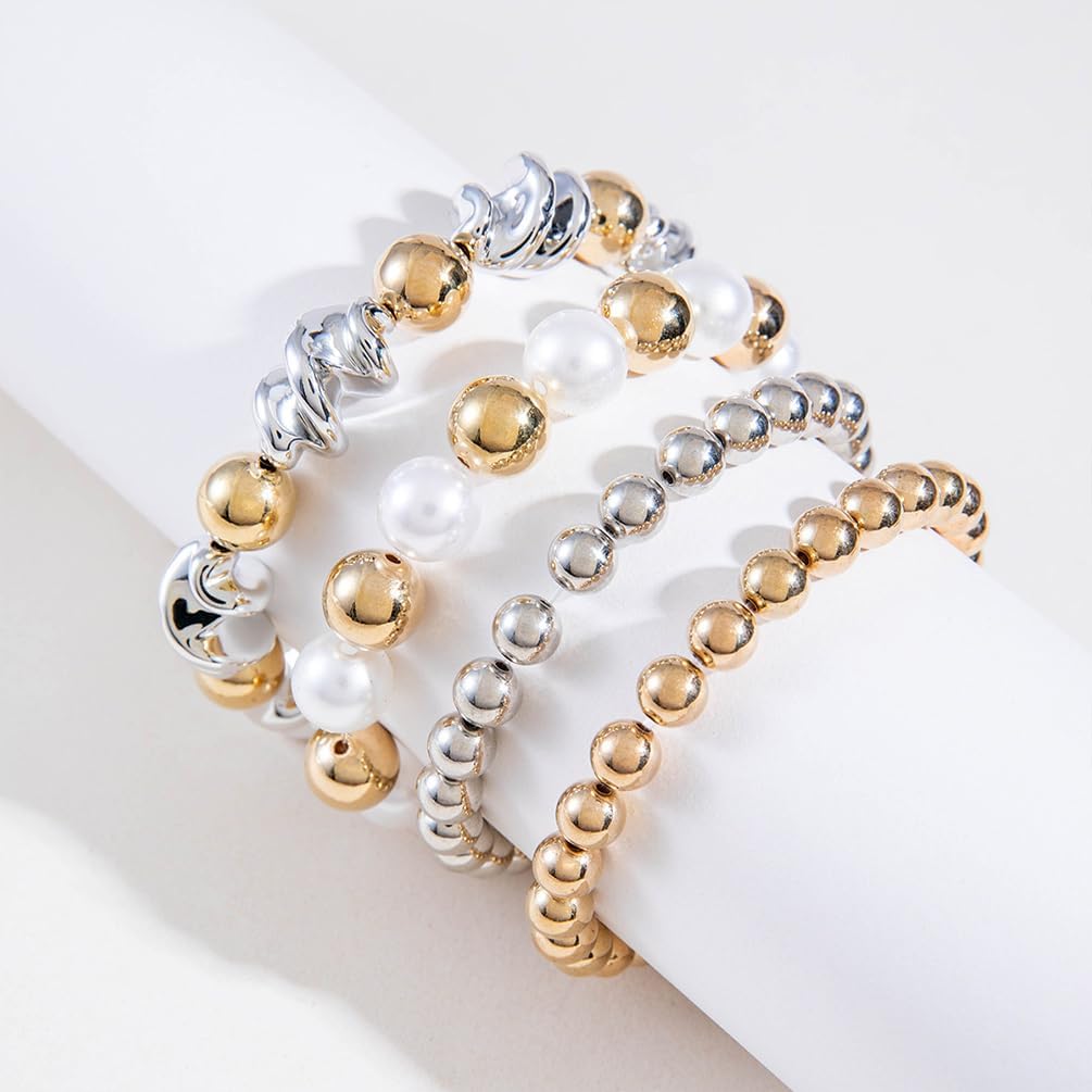 Trendy Big Gold Pearl Beaded Bracelets Stack for Women, Unique 4Pcs Stackable Stretch Chunky Large Silver Beads Twisty Bracelet Set Party Jewelry Gift - Image 5