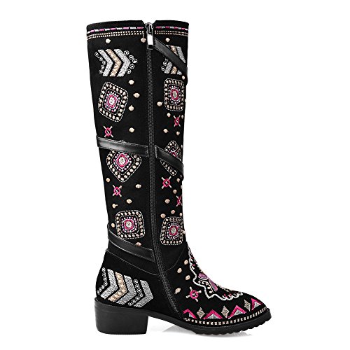 SaraIris Buckle Floral Embroidery Zipper Square Heels Ethnic Knee High Boots for Women