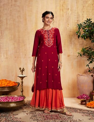Image of Amazon Brand - Myx Women Embroidered Straight Fit Kurta (Available in Plus Sizes)