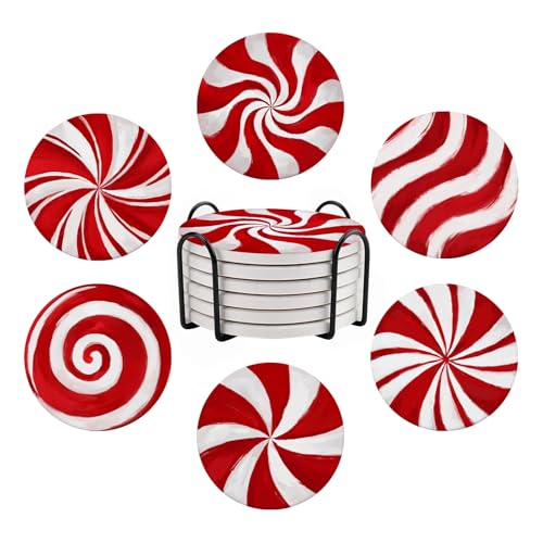 Red and White Candy Coasters with Holder 6 Pcs Christmas Candy Drink Absorbent Coasters Christmas Candy Ceramic Stone with Cork Base House Warming Gift New Home Kitchen Decor 4inches