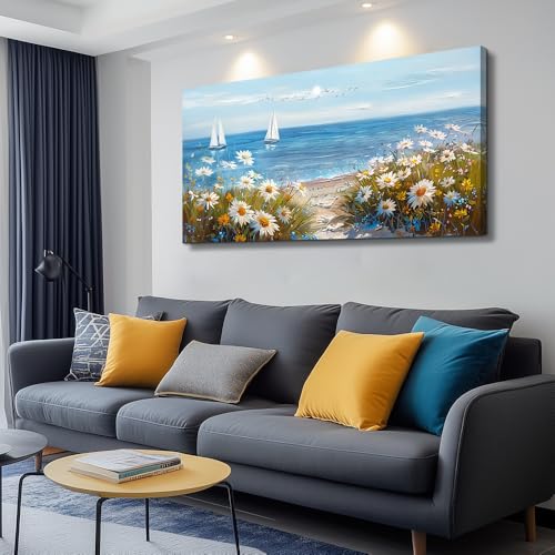 PHAOHUAXM Home Decor Printing Canvas Picture Blue Ocean Landscape Painting Wall Art For Living Room Farmhouse Dinin Mural White Flowers Bedroom Office Wall Decoration Artwork Easy To Hang 20x40 In