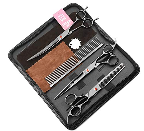Image of Professional PET Grooming scissors Kit,Coated Titanium,Sharp and Strong Stainless Steel Blade for Dogs Cats Hair Cutting,3 Pieces of Scissors with a Comb and a Case (8.0 inches, Black)