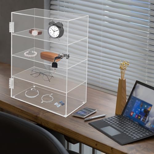 Clear Acrylic Display Case,Countertop Box Shelves Showcase with Lock,Sheer Figure Display Case for Collectibles Showcase ,4 Tier See Through Storage Box11.81*5.9*15.75inch