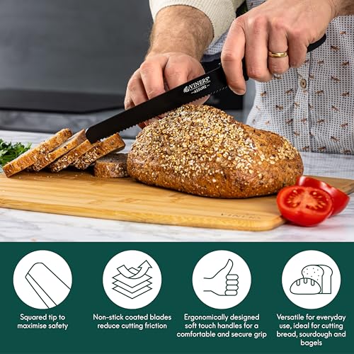 Viners Assure 8” Bread Knife Serrated Stainless Steel Blade with Squared Tip for Safety, Soft Grip Handle, Non-Stick Coating, Rust-Resistant, Ideal for Cutting Bread, Tomatoes & Fruit - Image 4