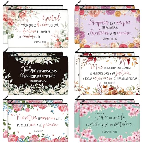 Kacctyen 18 Pcs Spanish Bible Christian Women's Religious Gift Christmas Gifts Cosmetic Bags Inspirational Bible Verse Pencil Pouch Motivational Makeup Bag with Zipper for Travel (Fresh) - Main Image