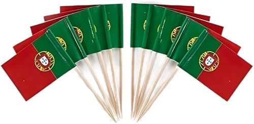 JAVD 100 adornos para tartas con bandera de Portugal, 1.38 x 1 pulgada, palillo de dientes de madera, decoración de fiesta, boda, cumpleaños