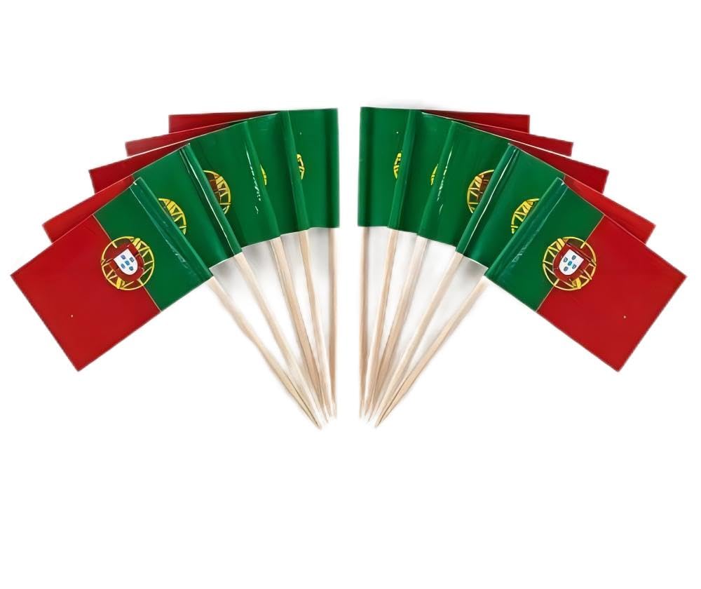 JAVD 100 Pcs Portugal Flag Cake Topper, 1.38in x 1in, Wood Toothpick, Party Decoration, Wedding, Birthday