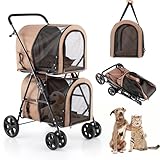 HAPPAWS Dog Stroller with 2 Detachable Carrier, Pet Stroller for Small Medium Dogs Cats, Jogger/Travel/Camping, 4-in-1 Doggy Pet Carrier, Carrier Strolling Cart with Lockable Wheels (Beige)