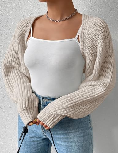 Image of Plus Size Women's Long Sleeve Open Front Crop Cardigan Drop Shoulder Shrug Oversized Ribbed Knit Bolero Sweater