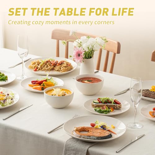 Dafuceramic Plates and Bowls Sets, 12 Pieces Modern Stoneware Dinnerware Set for 4 Kitchen Dinner Set Ceramic Dishware Dishes Set Microwave and Dishwasher Safe (White)