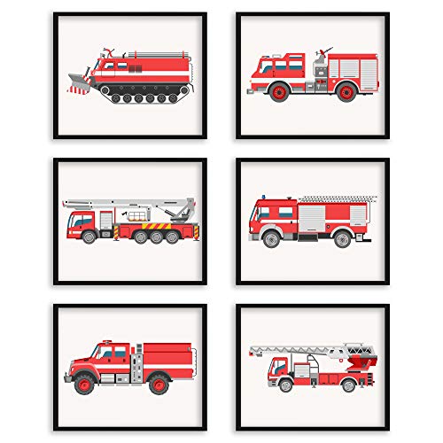 Image of Fancymall 8x10in Nursery Fire Truck UNFRAMED Wall Art Decor Set of 6 Prints Boy Girl Kids Firetruck Prints Fire Engine Transportation Wall Art Posters for Boy Toddler Bedroom Ambulance Rescue