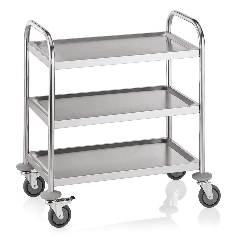 WAS 1950 007 Edelstahl Servierwagen, 4 Schwenkbare Rollen mit Rammschutz, 3 Borde, 20.0cm Abstand, 71cm Länge, 41cm Breite, 84cm Höhe