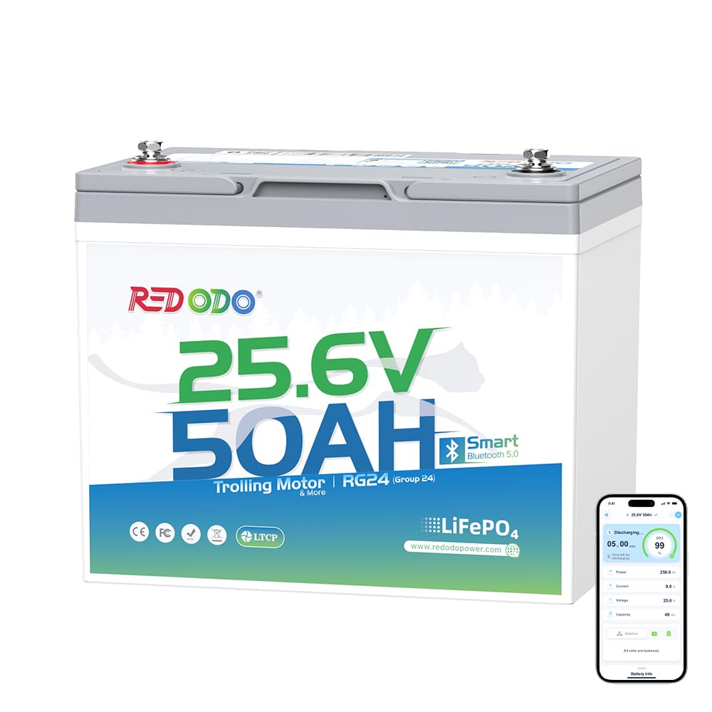 Redodo Bluetooth 24V 50Ah TM Low-Temp LiFePO4 Battery, Smart Lithium Battery Built in 50Ah BMS, 10 Years Lifespan, Perfect for Trolling Motor, Marine,