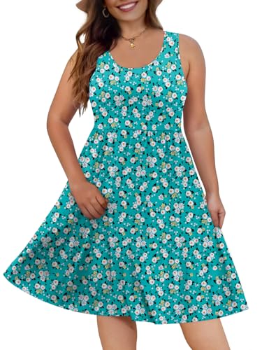 Image of DB MOON Womens 2026 Plus Size Tank Dresses Sleeveless Knee Length Sundress with Pockets 4XL Turquoise Floral