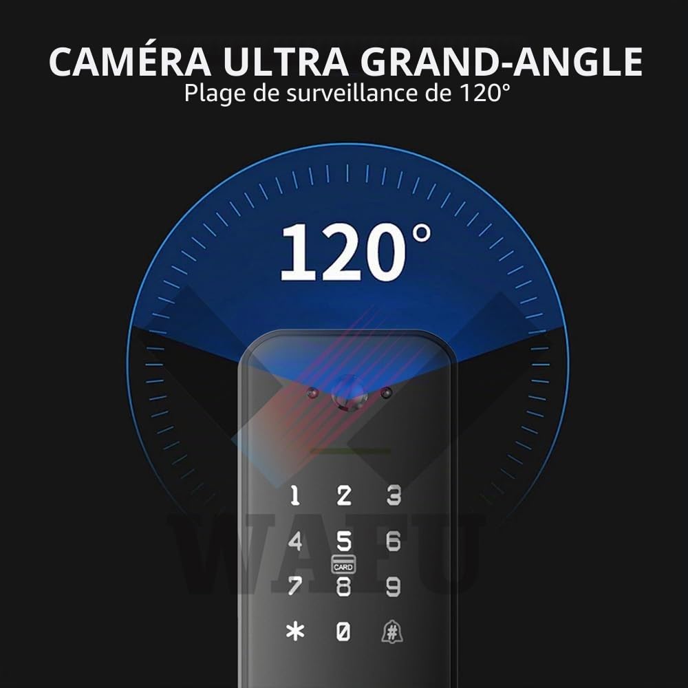 Serrure Intelligente avec Caméra Grand Angle de 120° et Sonnette Intelligente, Serrure de Porte avec Empreinte Digitale, Contrôle à Distance par App, Serrure de Sécurité Wifi pour Portes de